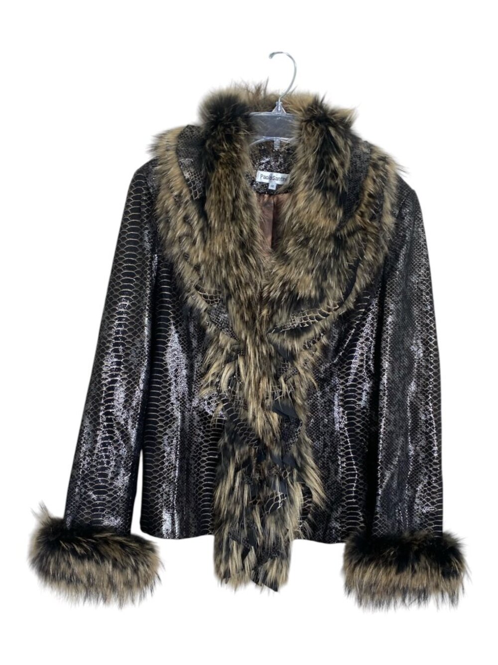 Paolo Santini Vintage Suede Leather Jacket Ruffle Fur Metallic Snake Print 14